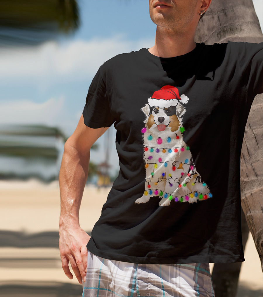Australian Shepherd Wrapped In Christmas Lights With Santa Hat T-Shirt