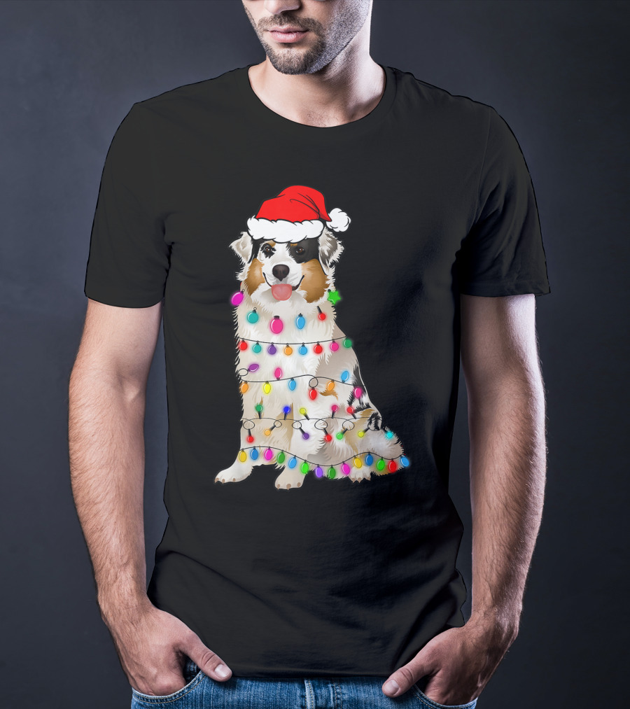Australian Shepherd Wrapped In Christmas Lights With Santa Hat T-Shirt