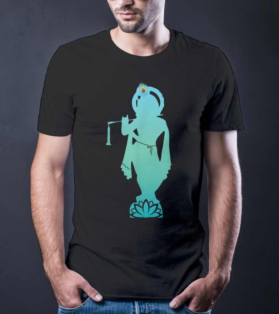 Divine Glory Lord Krishna Flute Silhouette With Peacock Feather And Lotus T-Shirt