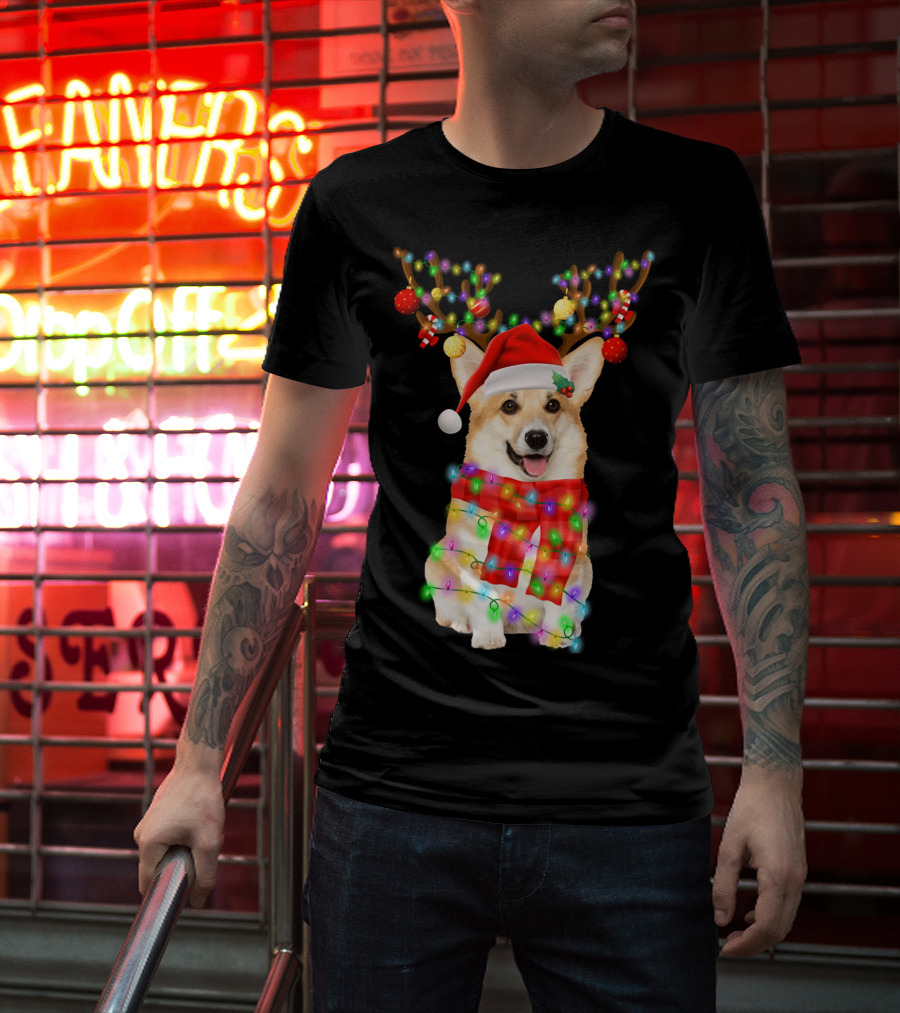 Funny Christmas Corgi Reindeer With Santa Hat And Festive Lights T-Shirt