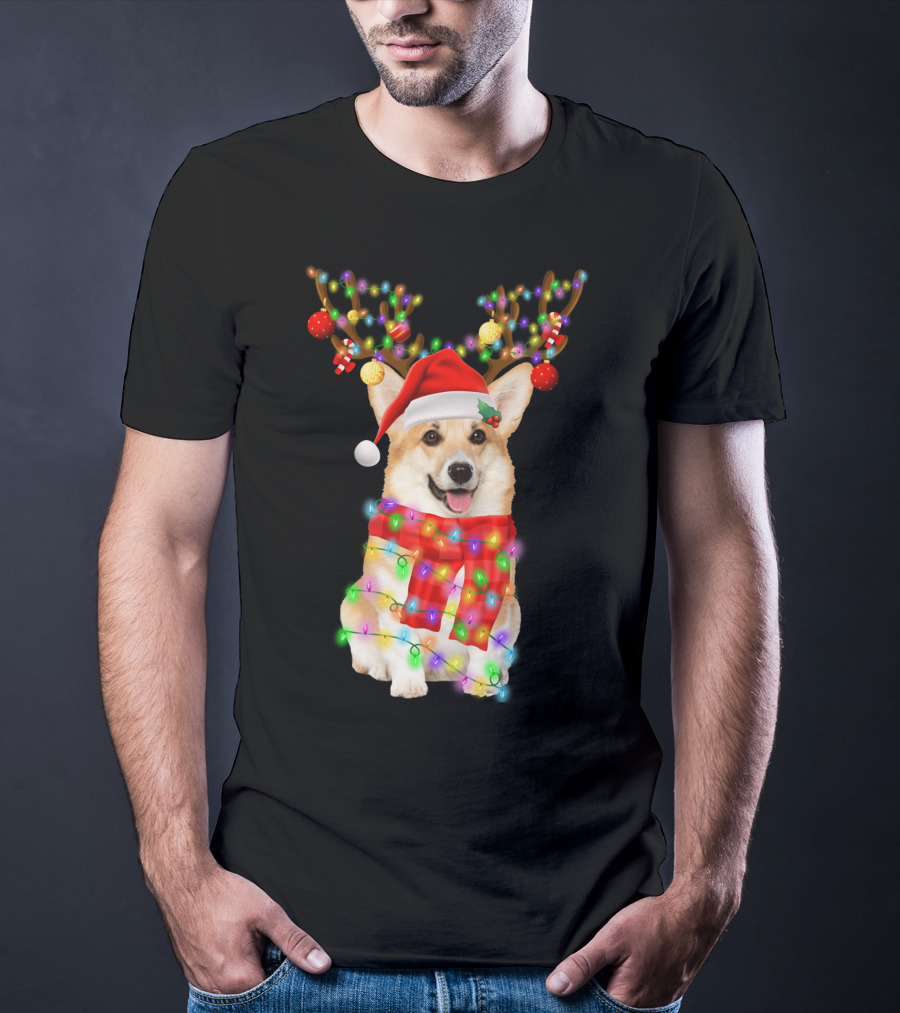 Funny Christmas Corgi Reindeer With Santa Hat And Festive Lights T-Shirt