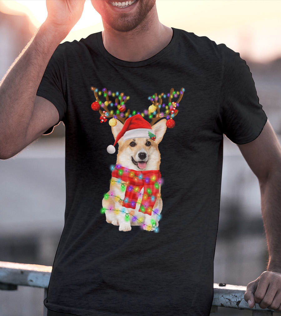 Funny Christmas Corgi Reindeer With Santa Hat And Festive Lights T-Shirt