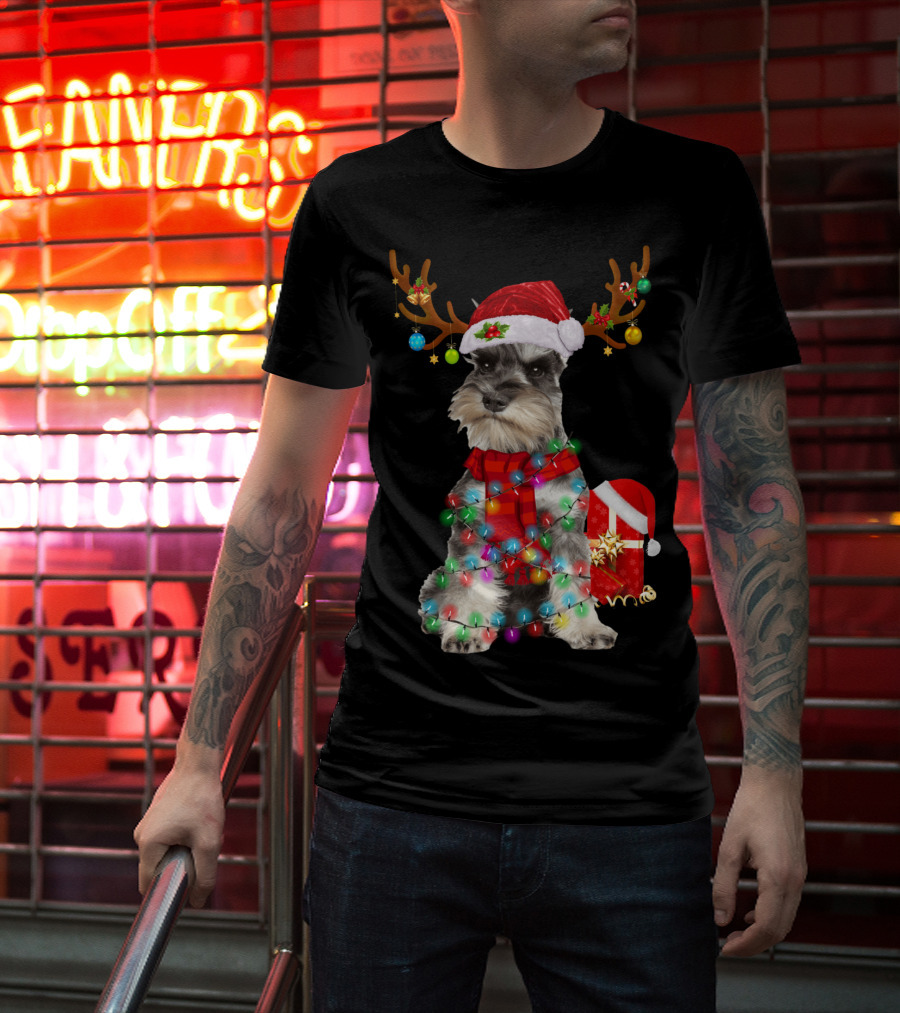 Funny Santa Hat Reindeer Miniature Schnauzer Christmas Lights T-Shirt