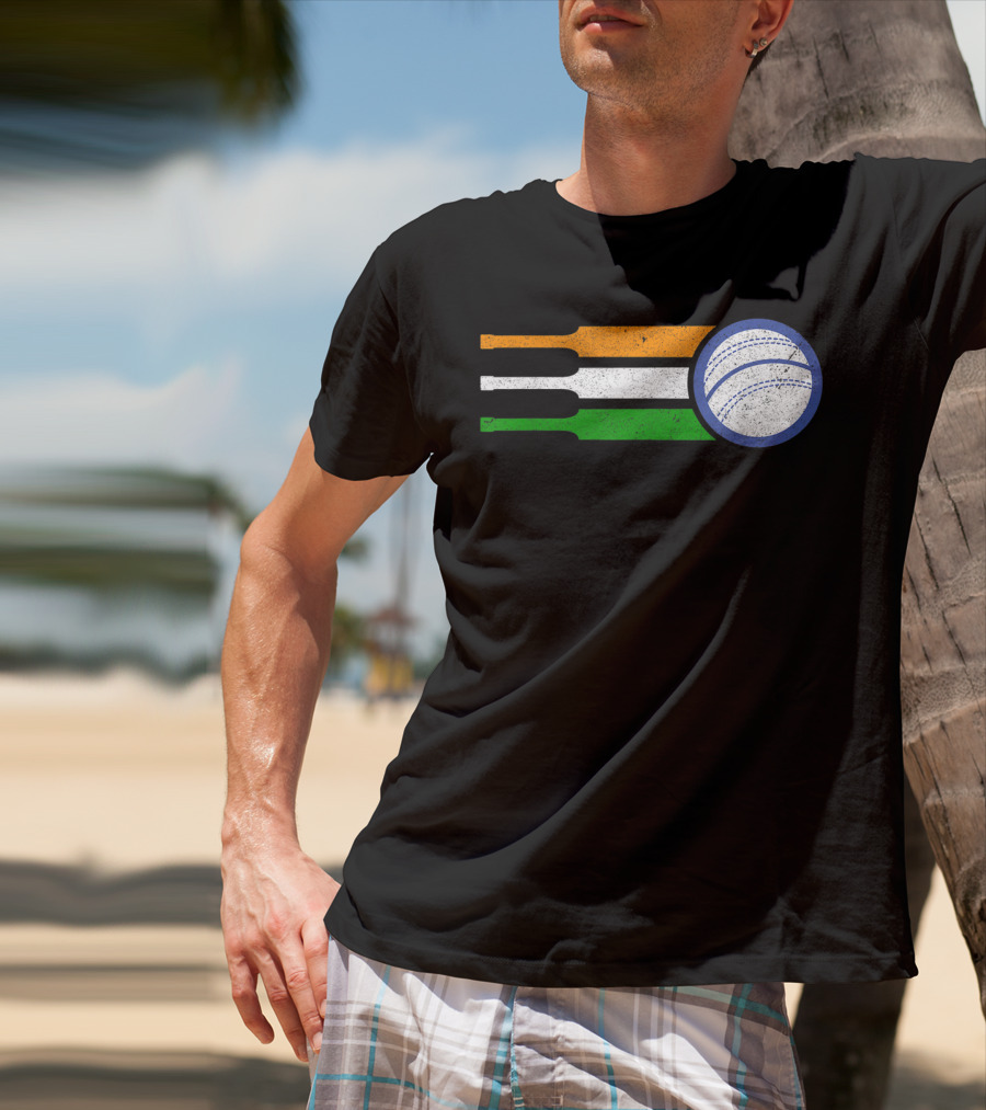 India Cricket Team Fan Flag With Cricket Ball And Tricolor T-Shirt
