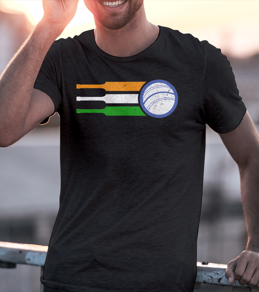 India Cricket Team Fan Flag With Cricket Ball And Tricolor T-Shirt