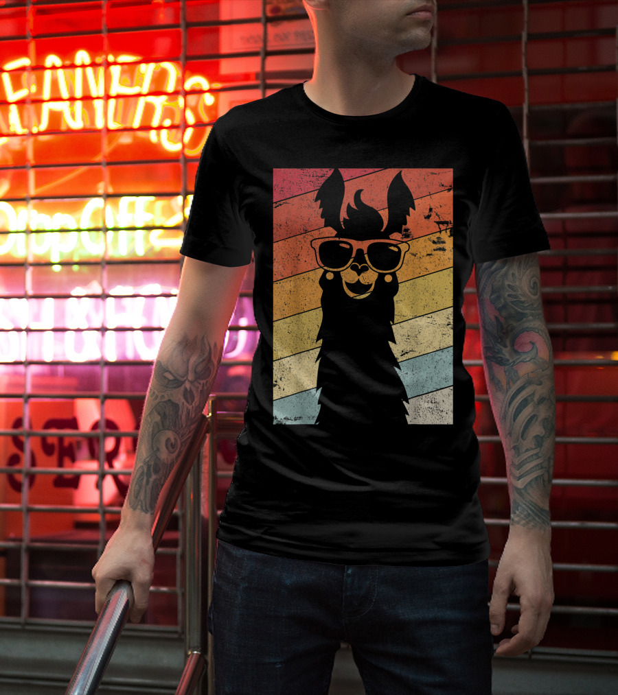 Retro Llama Style Alpaca With Sunglasses On Colorful Stripes T-Shirt