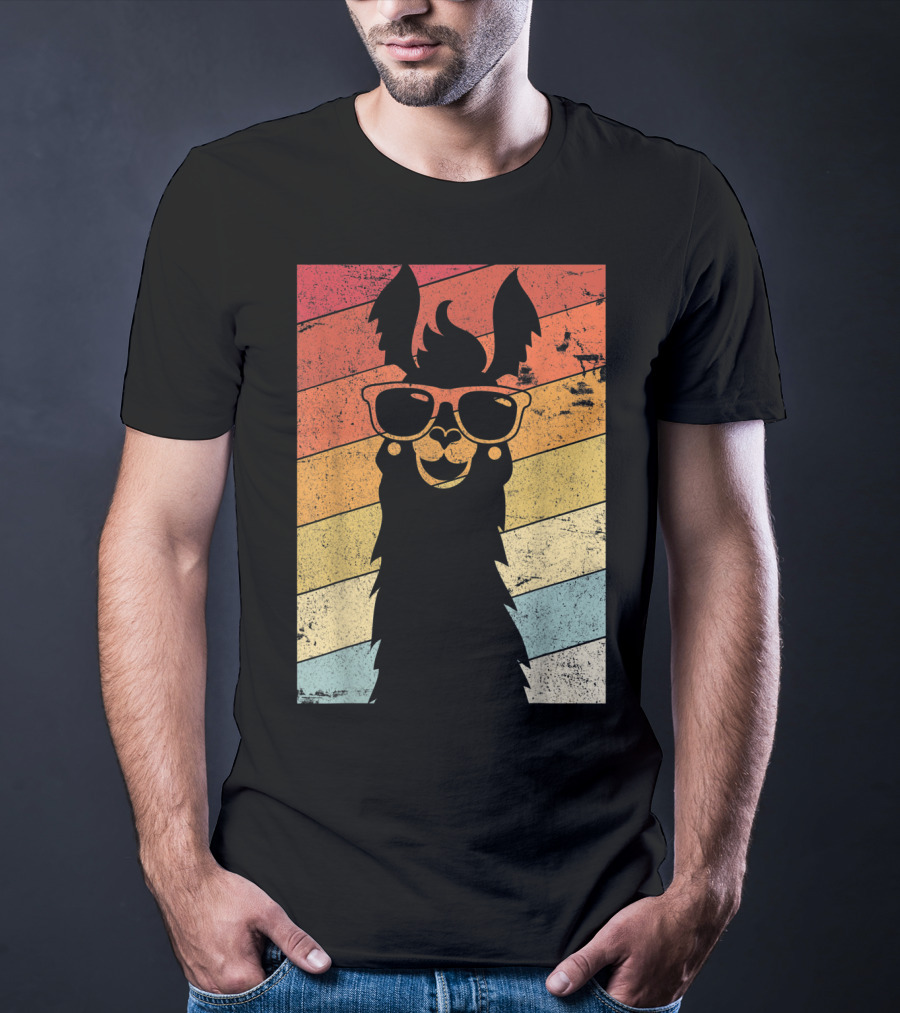 Retro Llama Style Alpaca With Sunglasses On Colorful Stripes T-Shirt