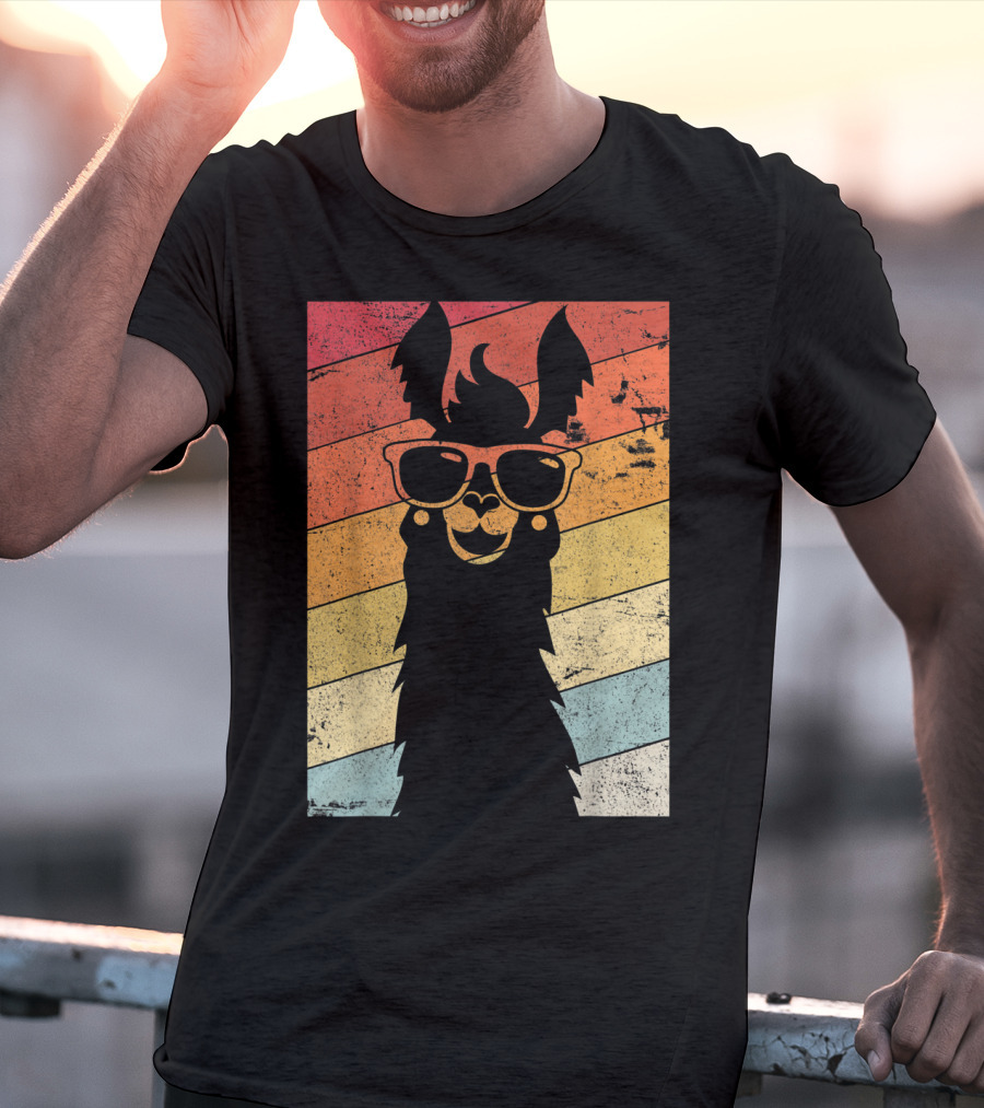 Retro Llama Style Alpaca With Sunglasses On Colorful Stripes T-Shirt