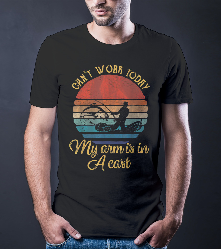 Can't Work Today My Arm Is In A Cast Vintage Sunset Fishing T-Shirt