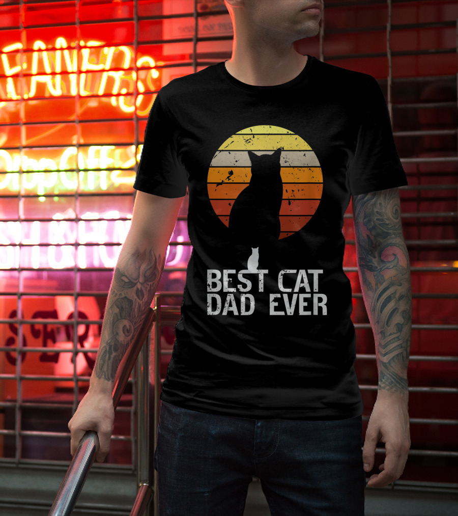 Mens Vintage Best Cat Dad Ever Cat Daddy Retro Sunset T-Shirt