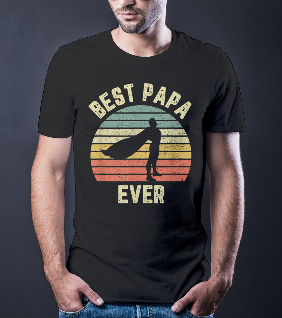 Best Papa Ever Superhero Vintage Retro Stripes T-Shirt