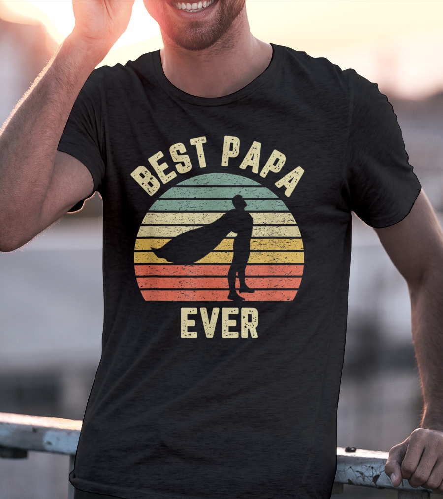 Best Papa Ever Superhero Vintage Retro Stripes T-Shirt