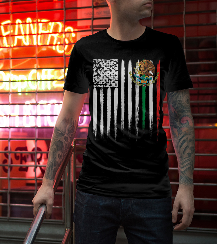 Mexican American Flag With Eagle And Serpent Symbol On Distressed Stripes T-Shirt