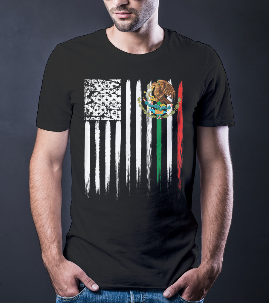 Mexican American Flag With Eagle And Serpent Symbol On Distressed Stripes T-Shirt