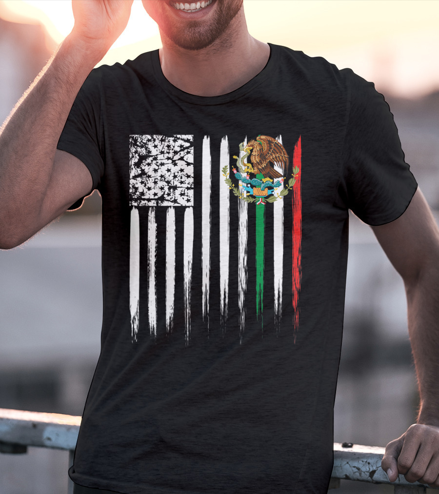 Mexican American Flag With Eagle And Serpent Symbol On Distressed Stripes T-Shirt