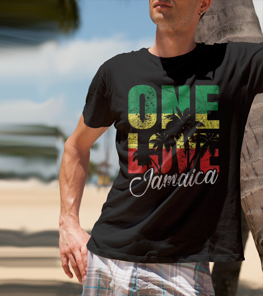 One Love Jamaica Caribbean Vacation Reggae Colors Palm Trees T-Shirt