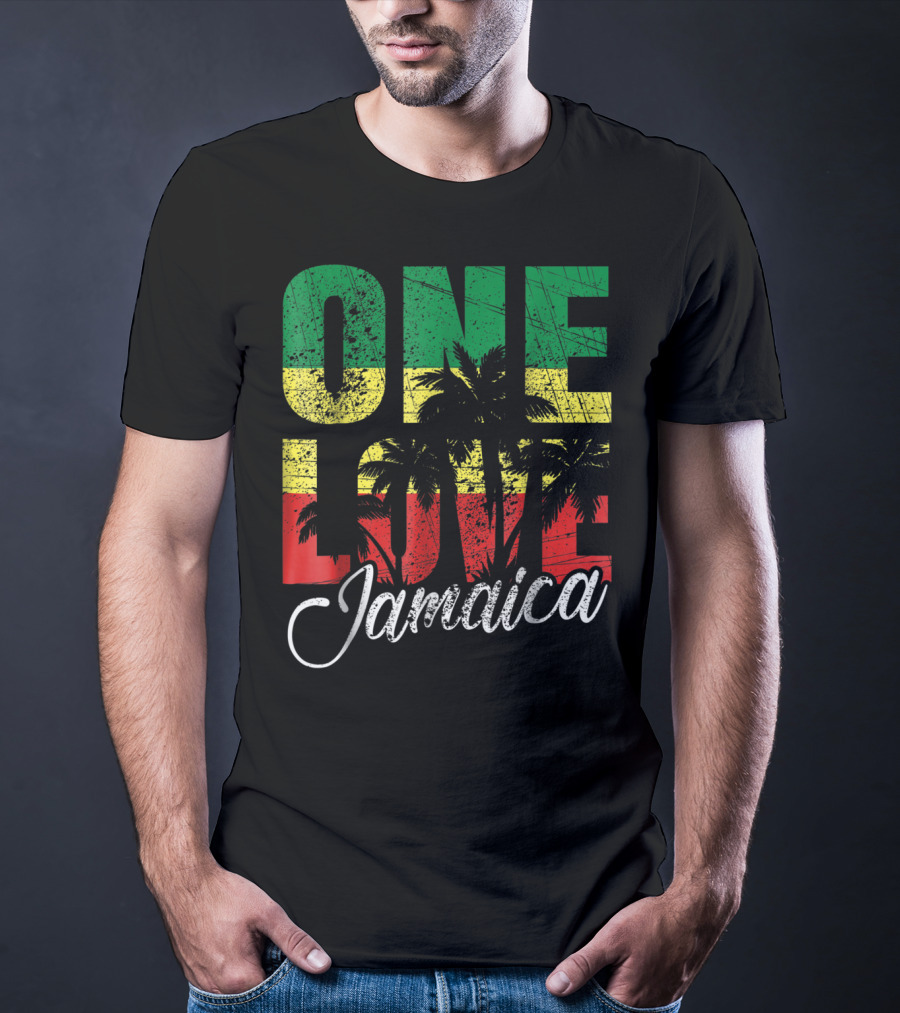 One Love Jamaica Caribbean Vacation Reggae Colors Palm Trees T-Shirt