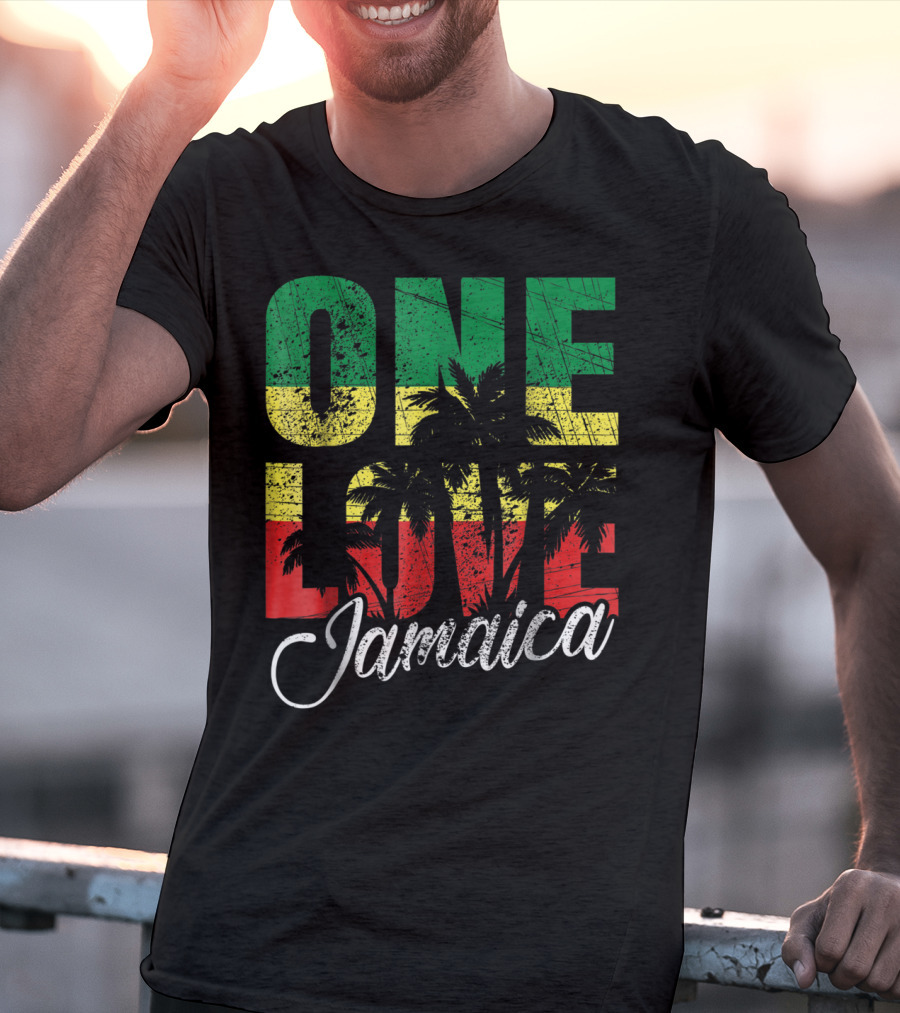 One Love Jamaica Caribbean Vacation Reggae Colors Palm Trees T-Shirt