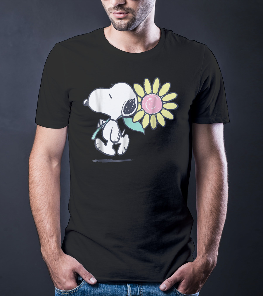 Peanuts Snoopy Walking With Pink Daisy Flower T-Shirt