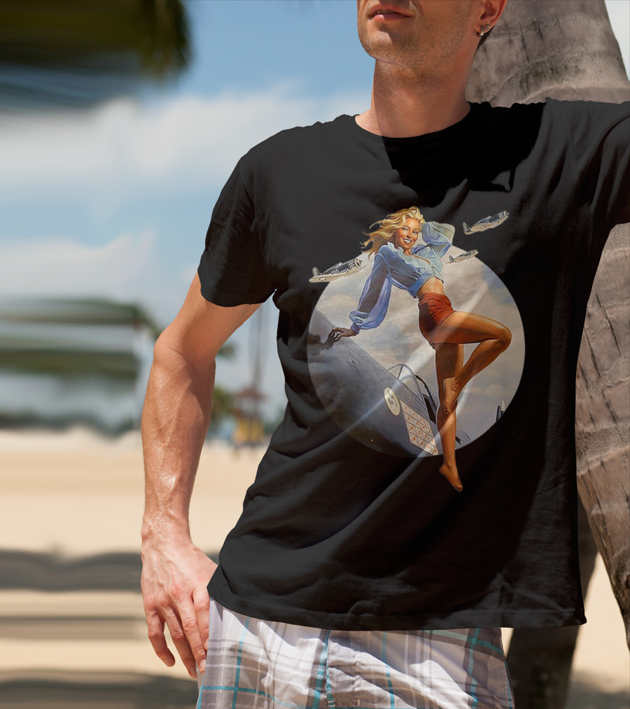 Pin Up Blonde With WWII 40s Air Force Plane And Iconic T-Shirt