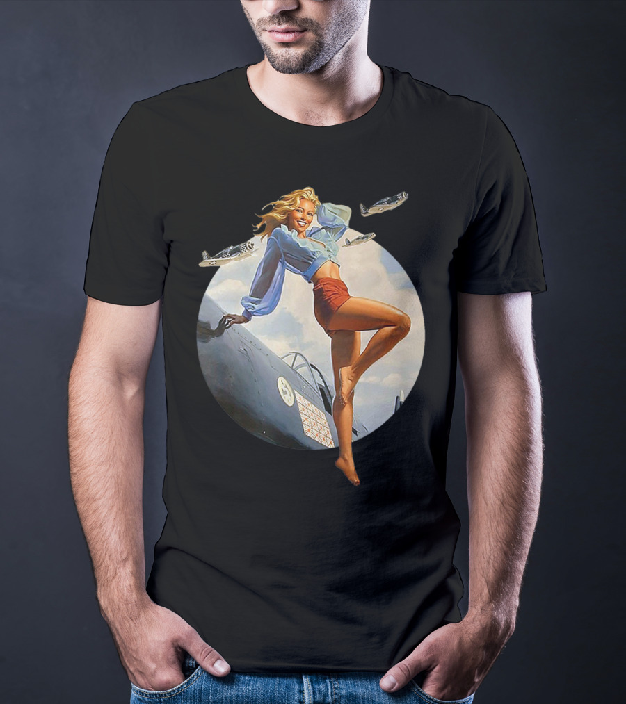 Pin Up Blonde With WWII 40s Air Force Plane And Iconic T-Shirt