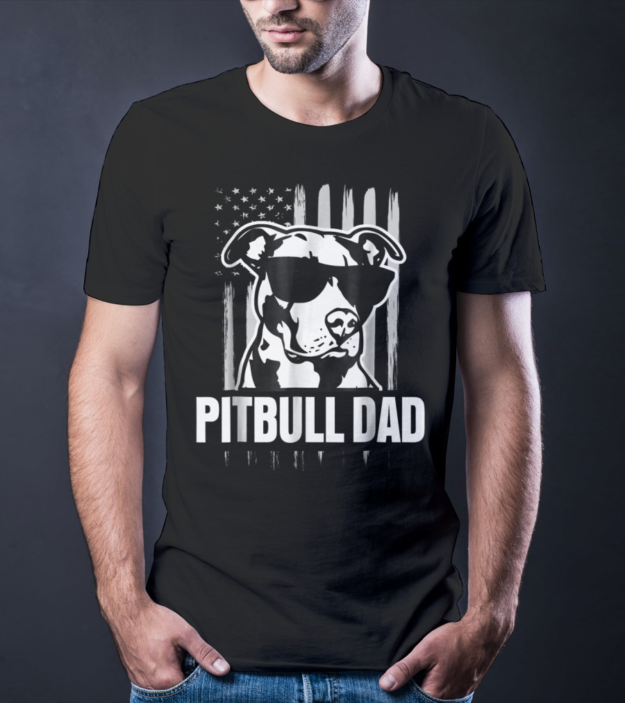 Pitbull Dad Mens Proud American Pit Bull Dog With Sunglasses And Flag T-Shirt
