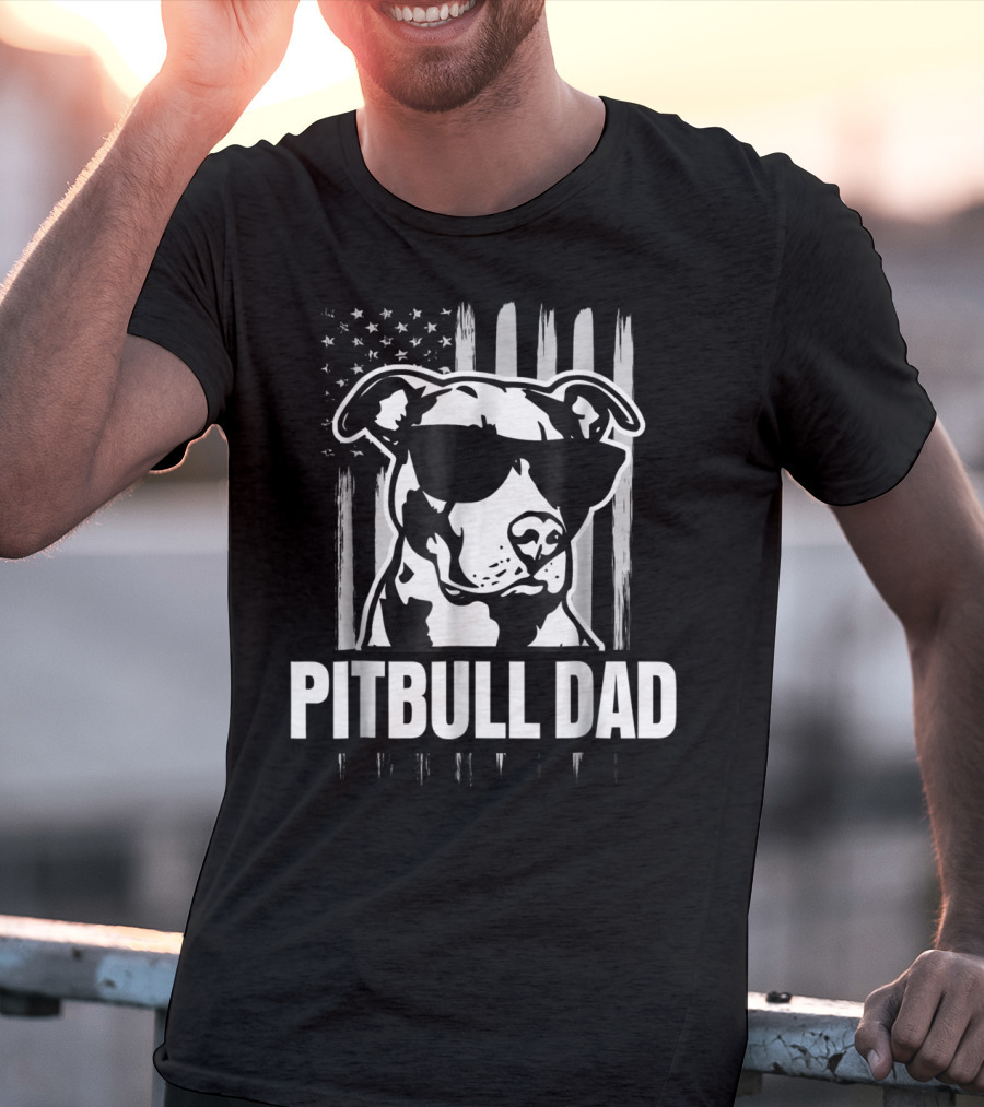 Pitbull Dad Mens Proud American Pit Bull Dog With Sunglasses And Flag T-Shirt