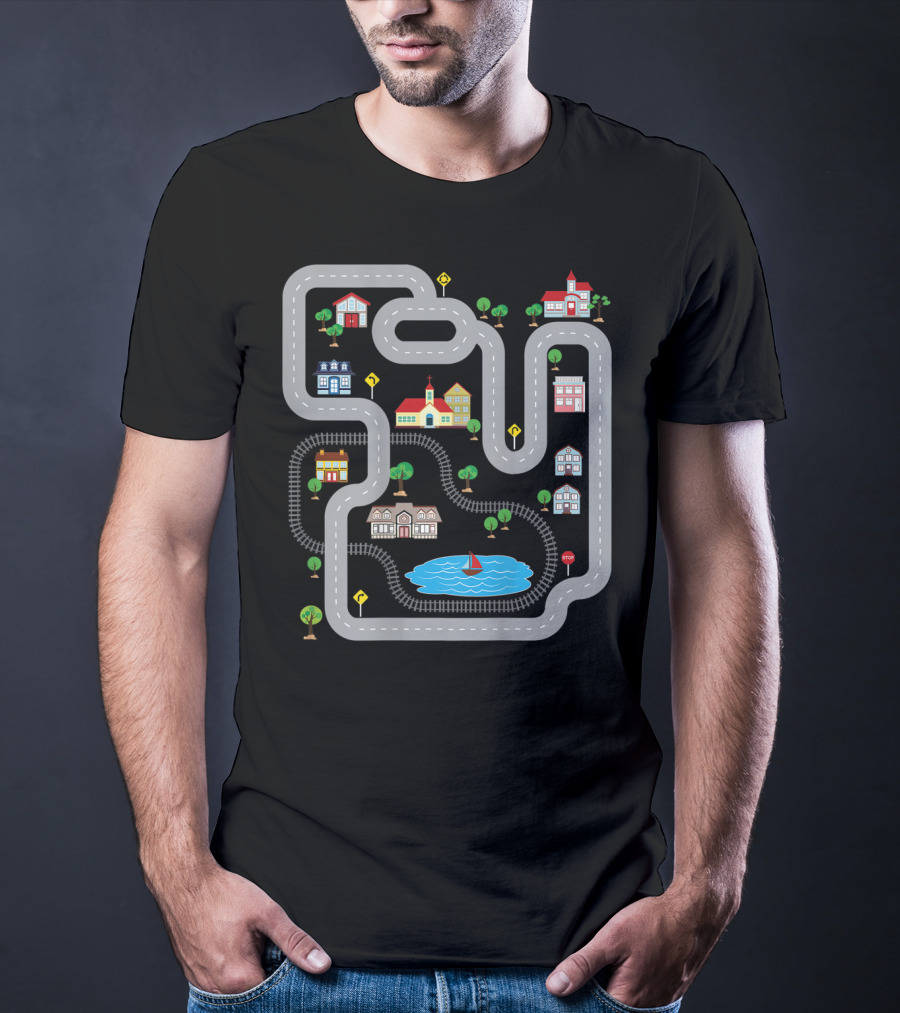 Playmat Road With Train Track And Car Race Route Through Town T-Shirt