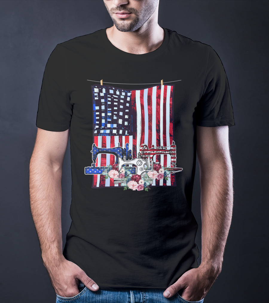 American Quilting Sewing Machines USA Flag Floral T-Shirt