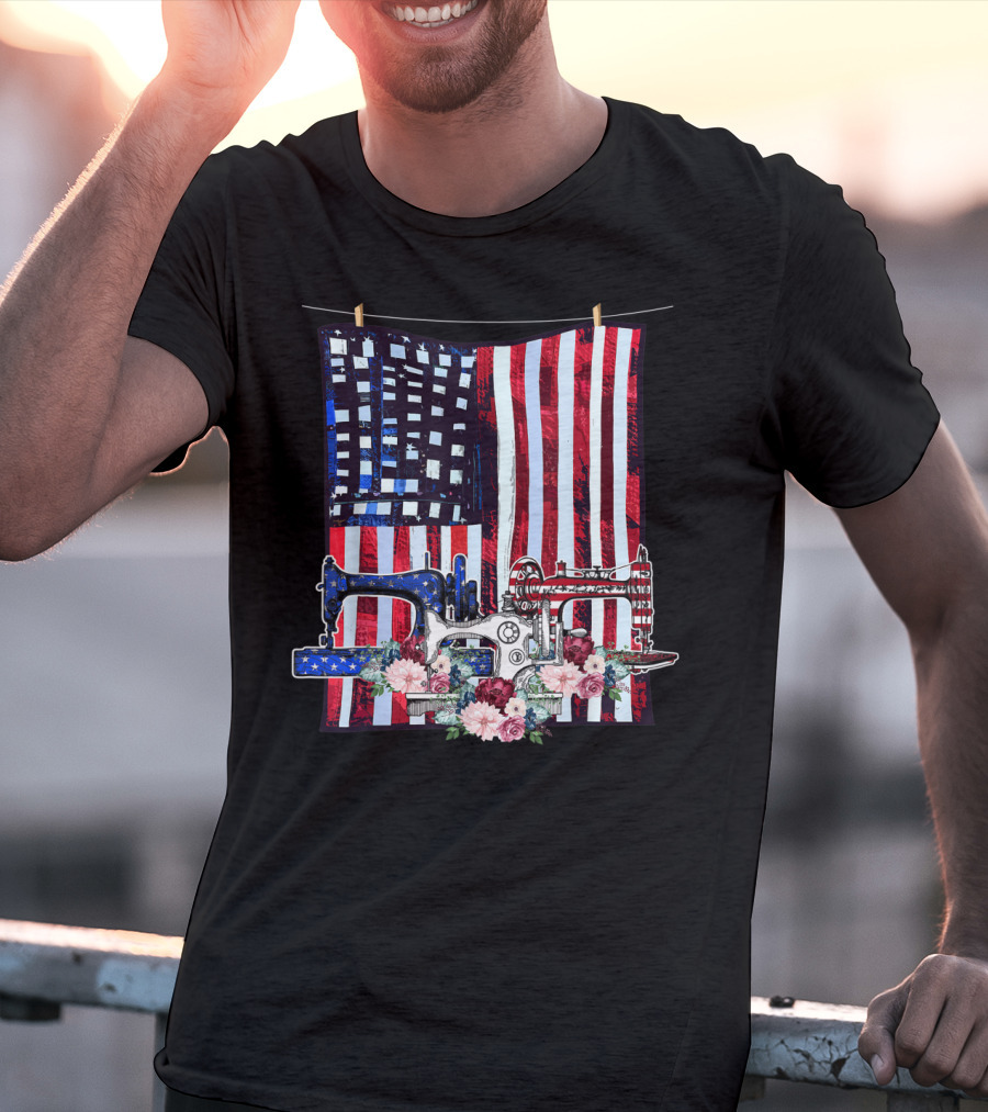 American Quilting Sewing Machines USA Flag Floral T-Shirt