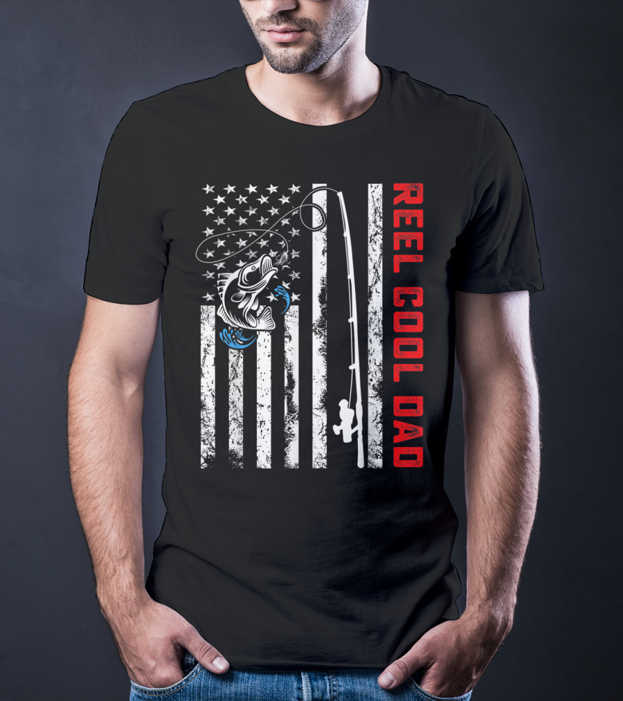Reel Cool Dad American Flag Fishing Patriotic Father's Day Birthday T-Shirt