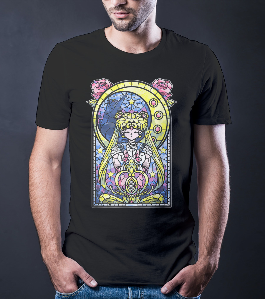 Sailor Moon Blessing Stained Glass Style Roses And Moon Phases T-Shirt