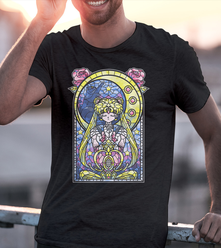 Sailor Moon Blessing Stained Glass Style Roses And Moon Phases T-Shirt