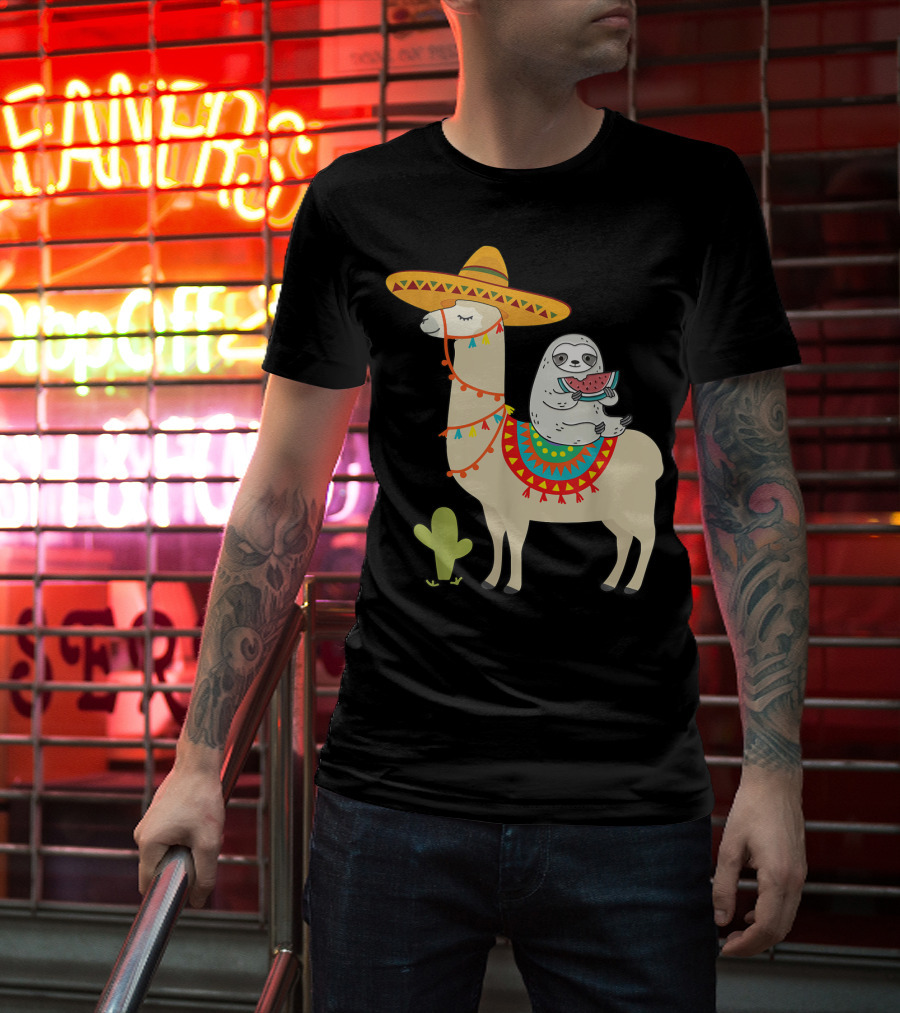 Cinco De Mayo Sloth Riding Llama Fiesta With Sombrero And Cactus T-Shirt