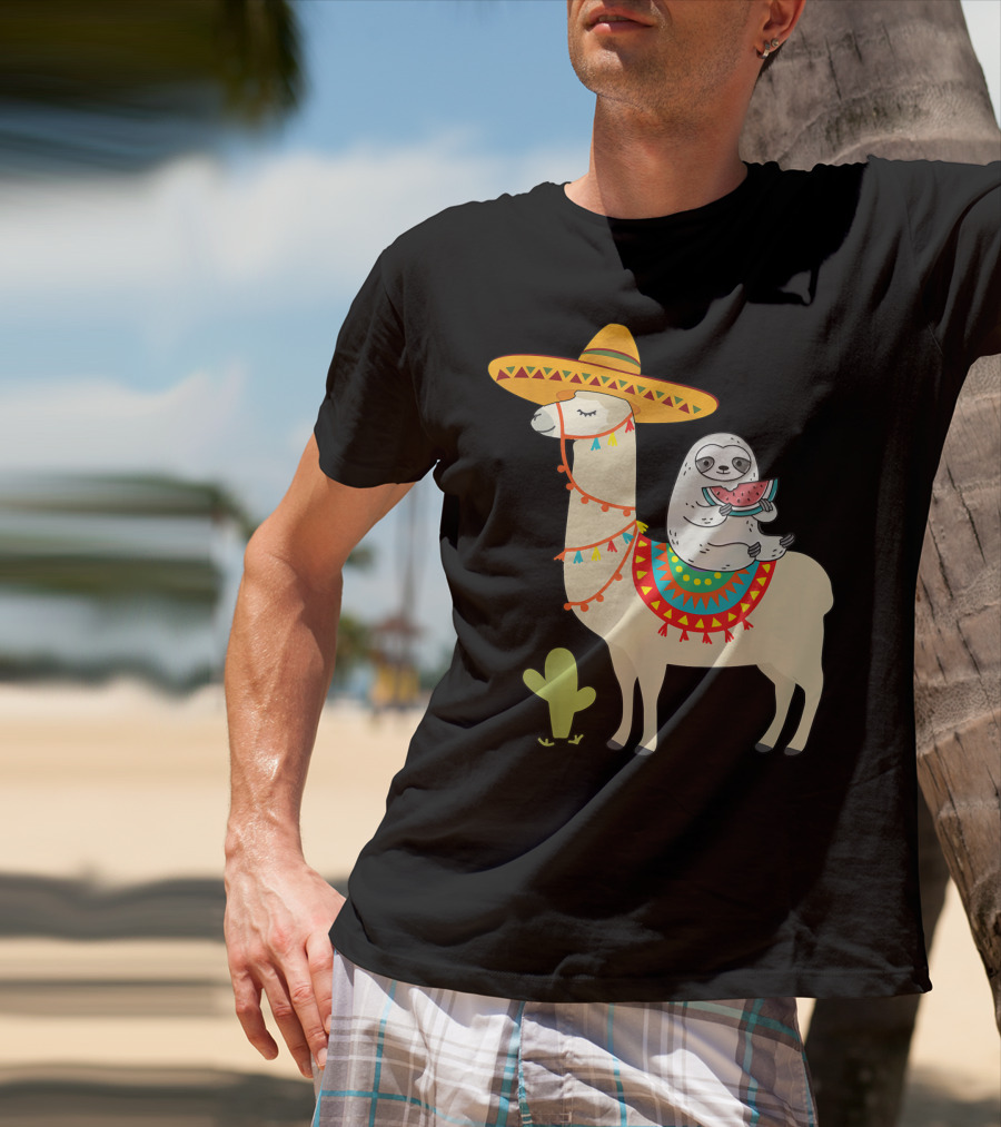 Cinco De Mayo Sloth Riding Llama Fiesta With Sombrero And Cactus T-Shirt