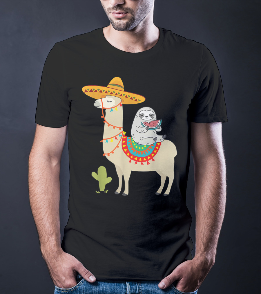 Cinco De Mayo Sloth Riding Llama Fiesta With Sombrero And Cactus T-Shirt