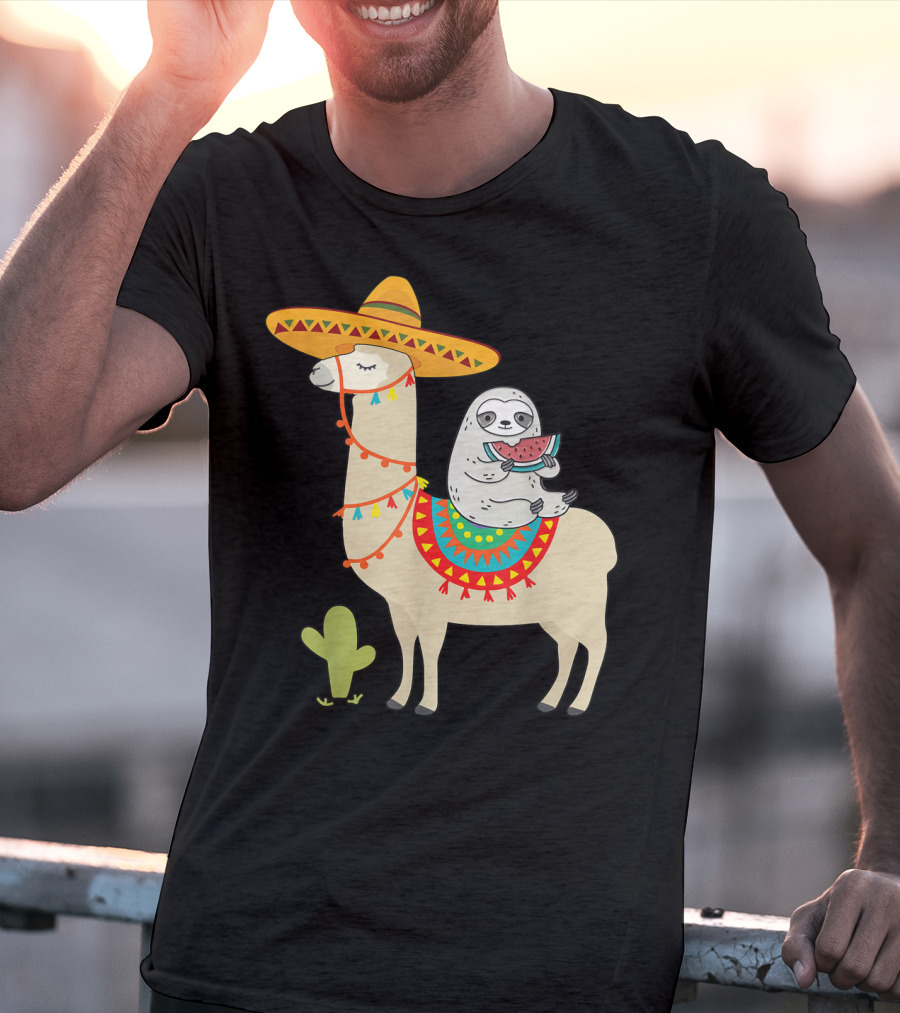 Cinco De Mayo Sloth Riding Llama Fiesta With Sombrero And Cactus T-Shirt