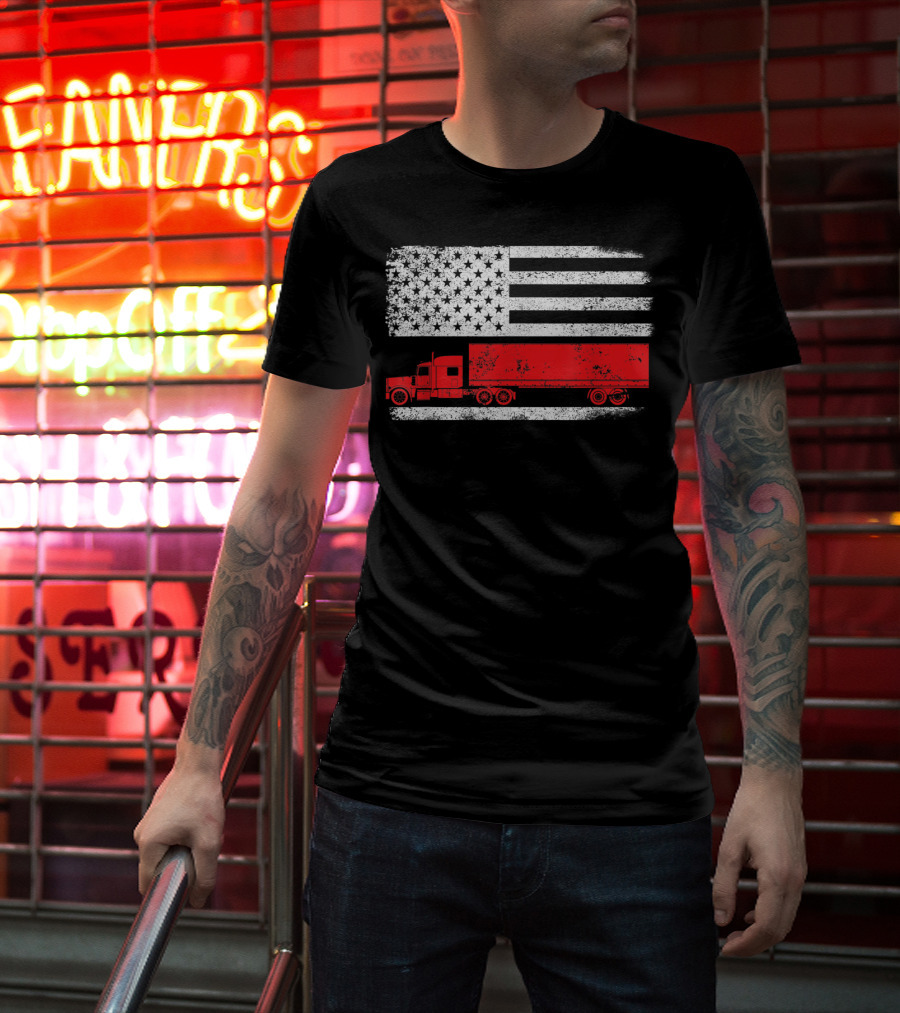 USA Flag American Trucker Red Semi Truck T-Shirt