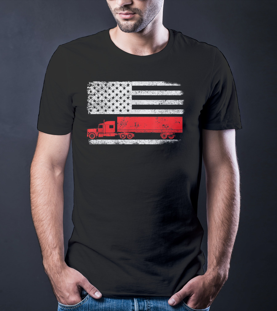 USA Flag American Trucker Red Semi Truck T-Shirt