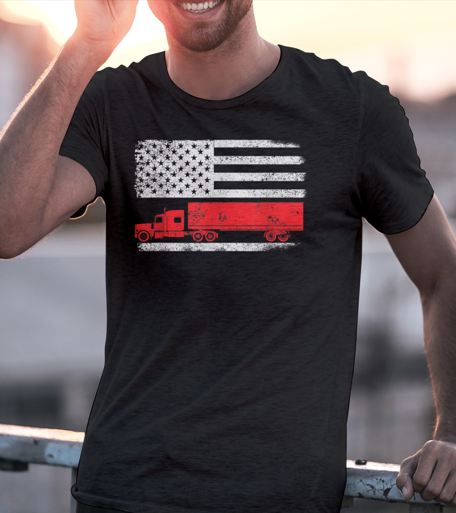 USA Flag American Trucker Red Semi Truck T-Shirt