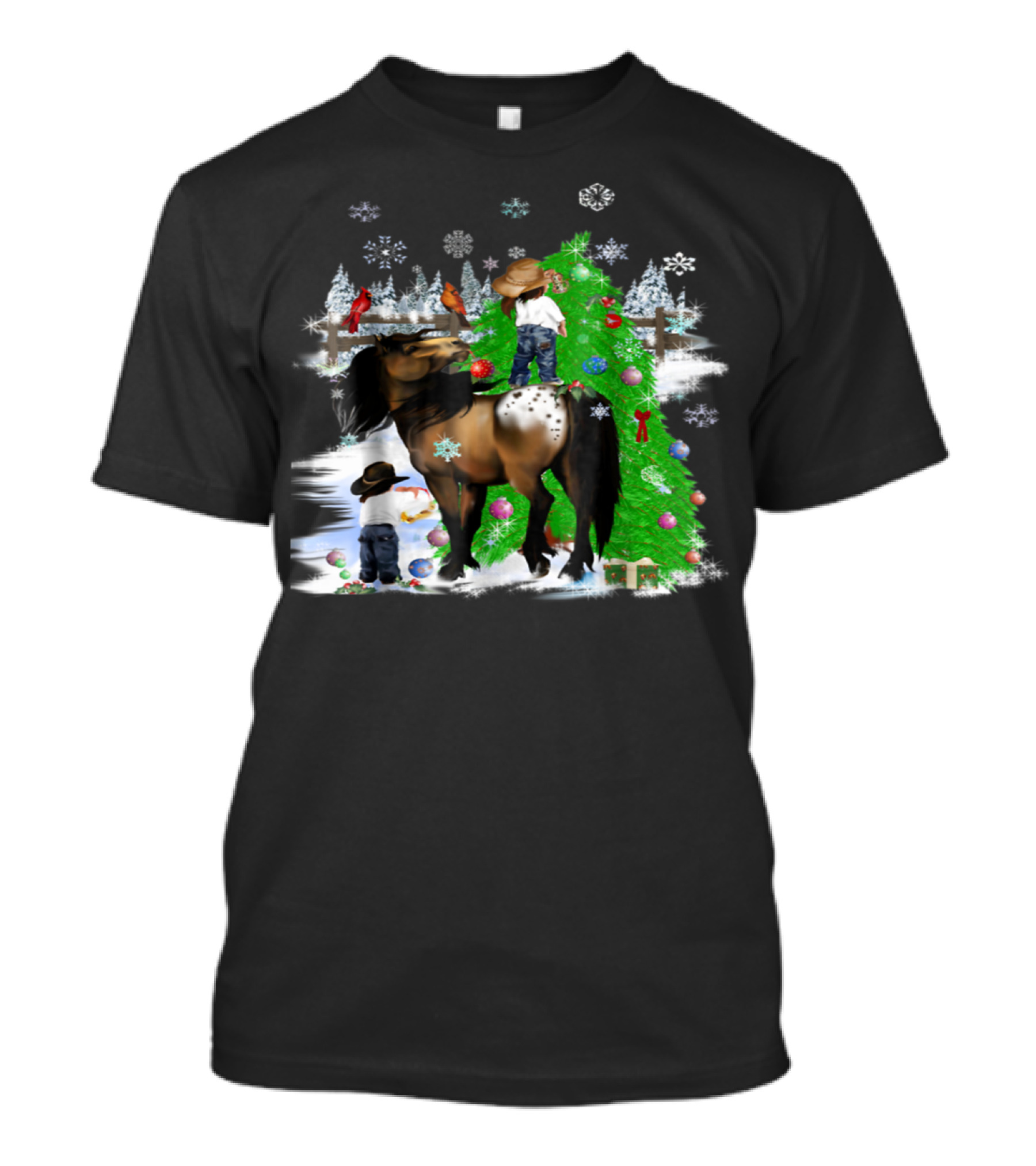 Holiday Cowboy Christmas Scene With Horse Snowflakes And Tree T-Shirt