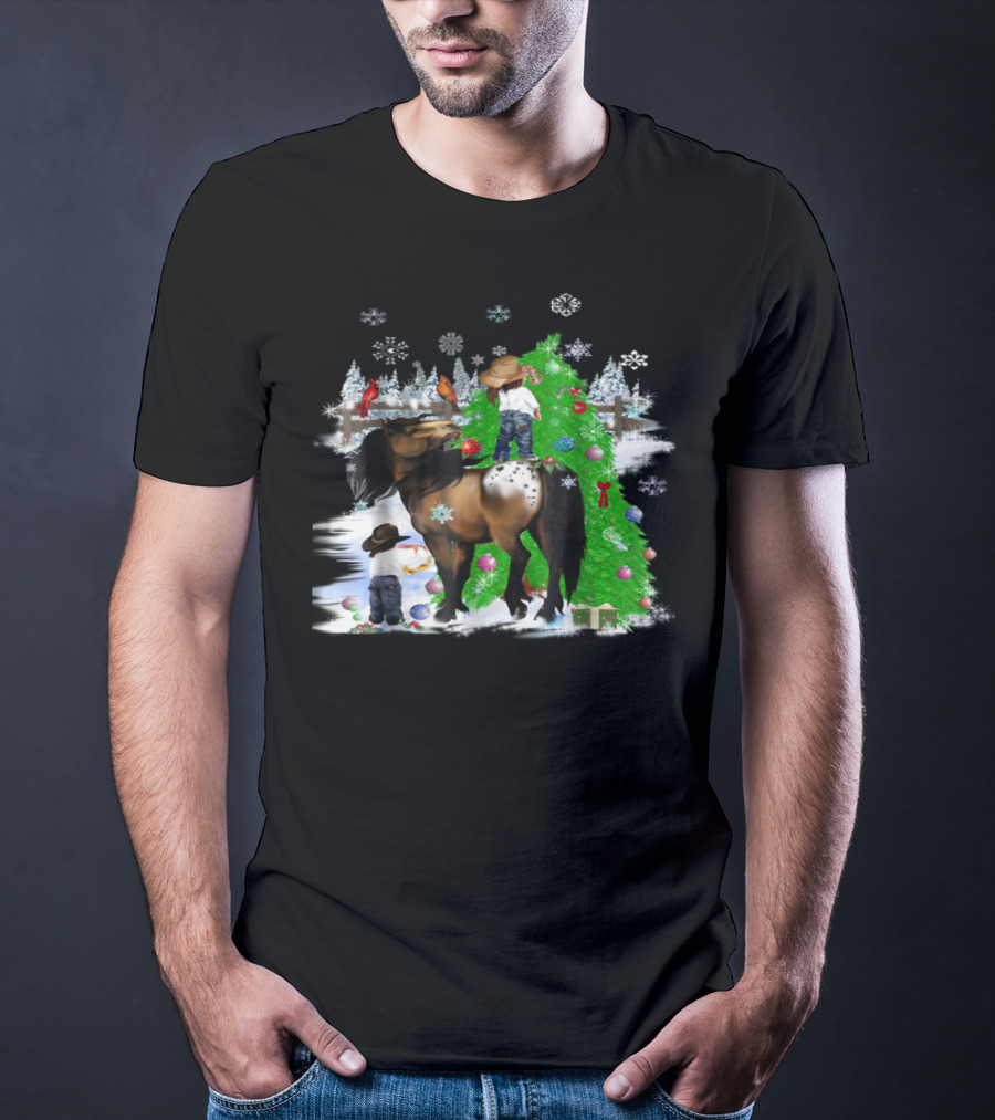 Holiday Cowboy Christmas Scene With Horse Snowflakes And Tree T-Shirt
