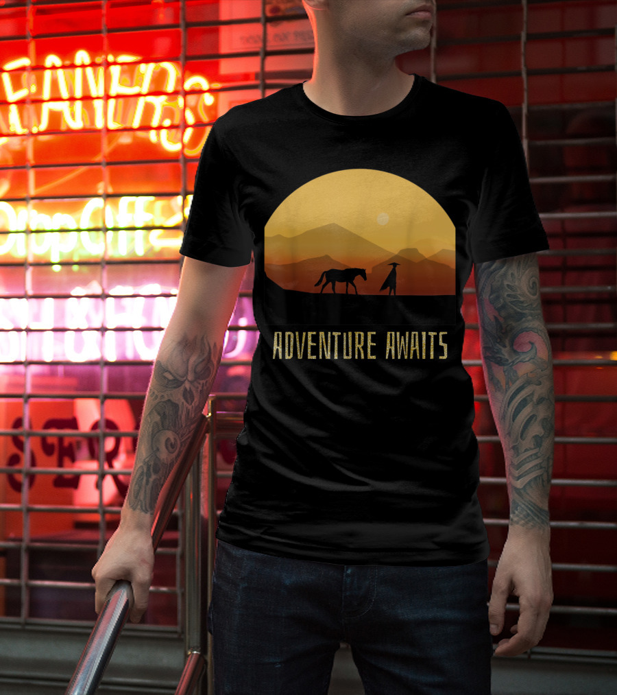 Adventure Awaits Sunset Man Horse Mountains T-Shirt
