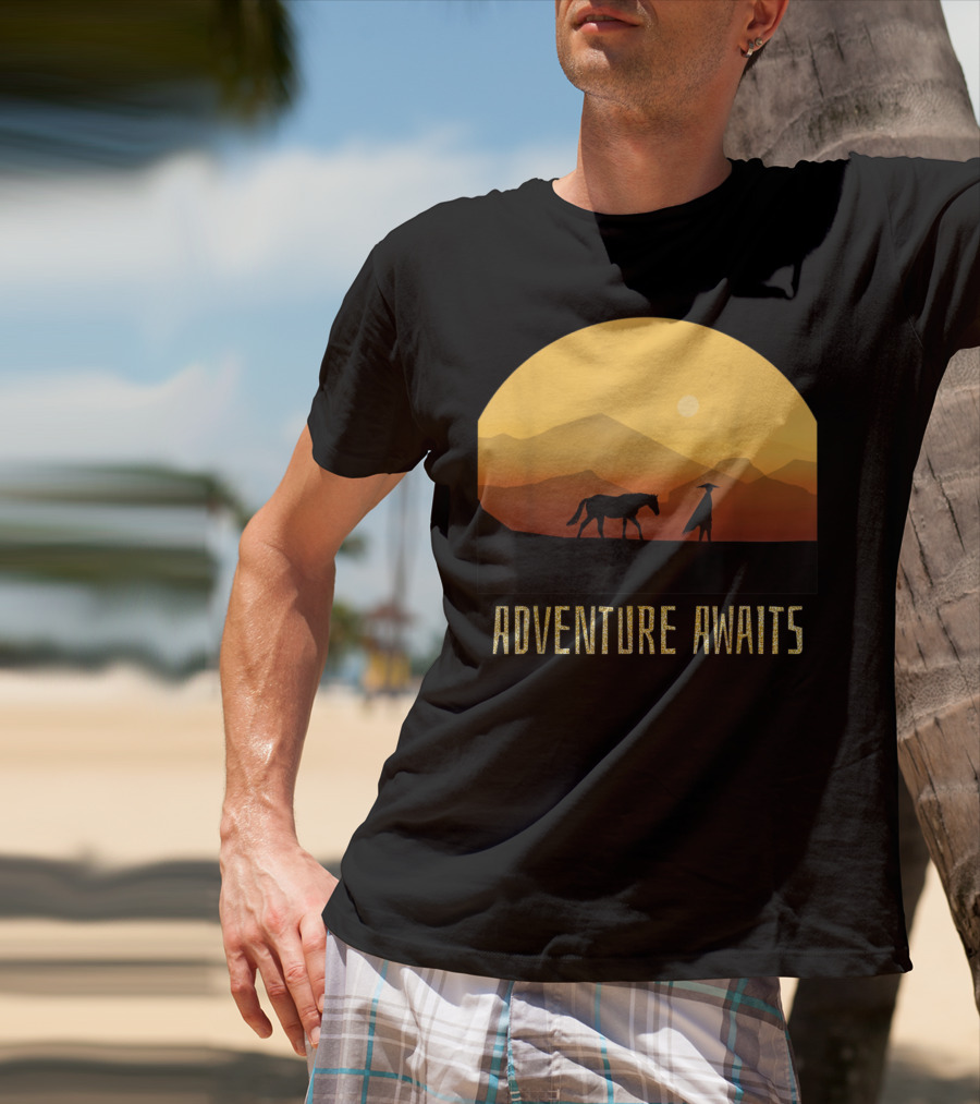 Adventure Awaits Sunset Man Horse Mountains T-Shirt