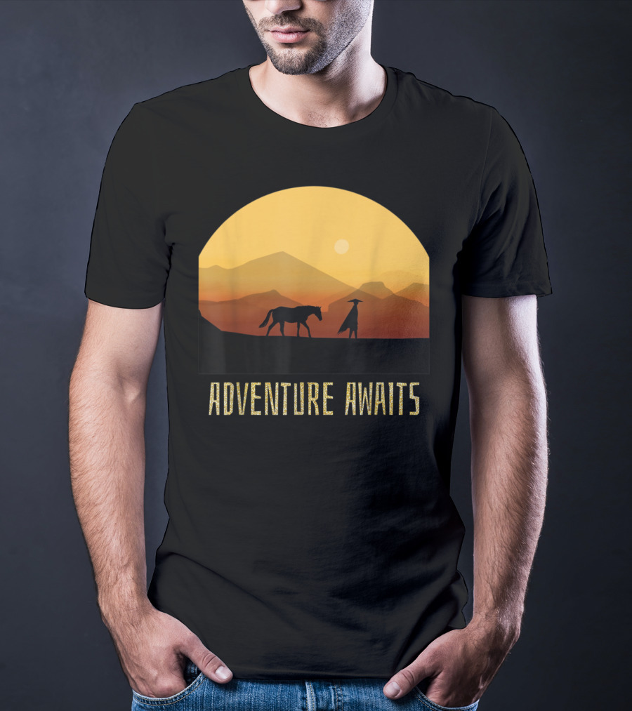 Adventure Awaits Sunset Man Horse Mountains T-Shirt