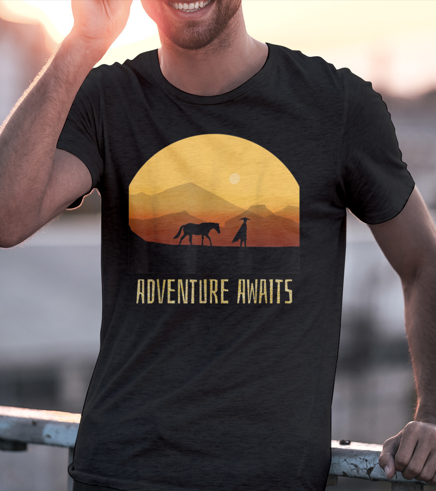 Adventure Awaits Sunset Man Horse Mountains T-Shirt