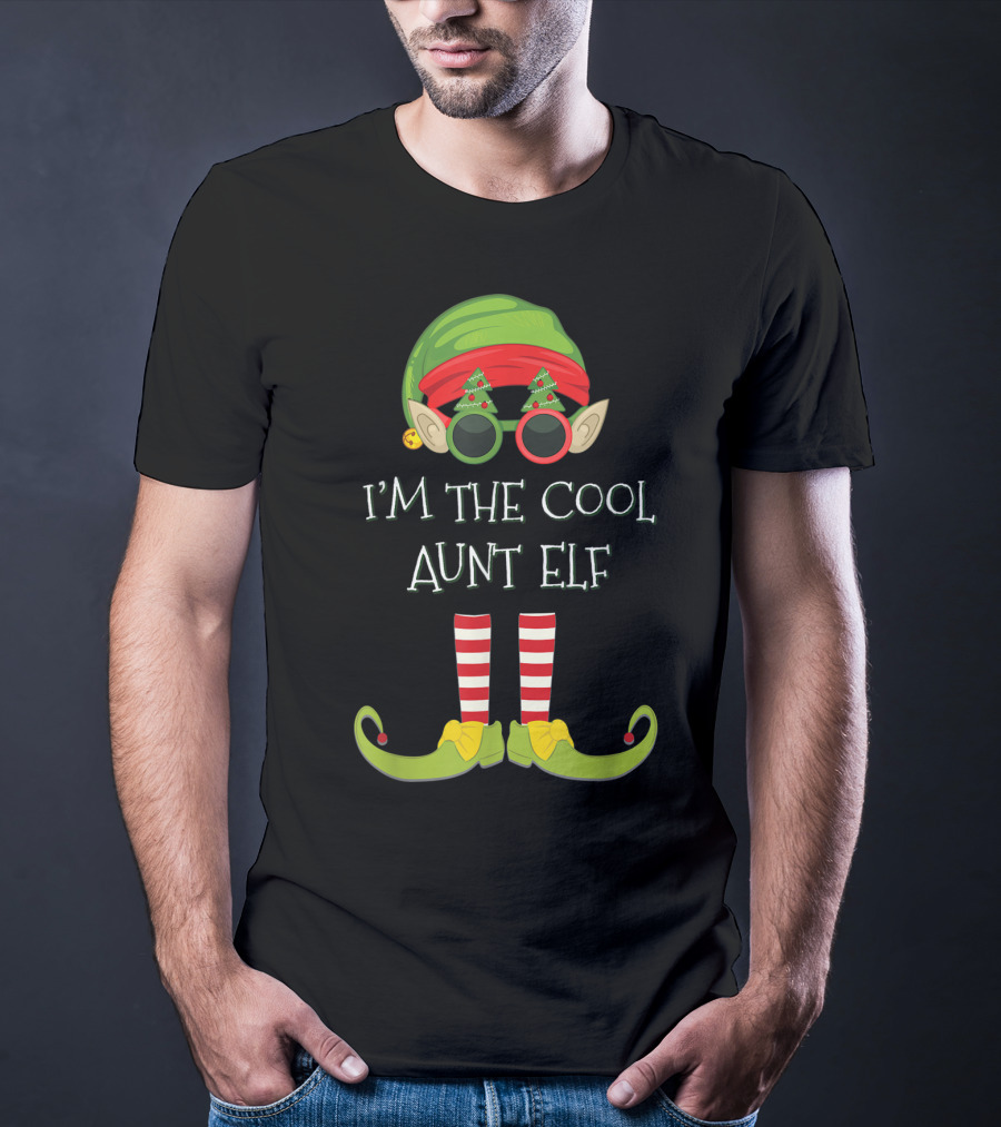I'm The Cool Aunt Elf Christmas Costume Striped Stockings Green Hat Glasses T-Shirt