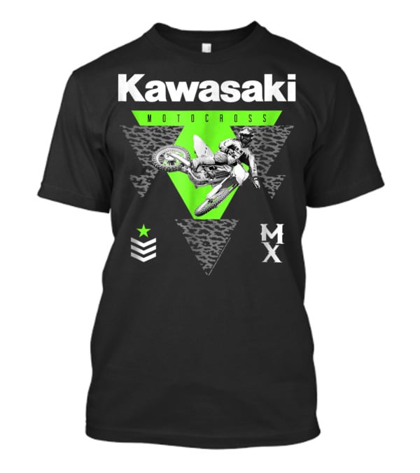 Kawasaki Motocross Classic Look 27272 MX Rider With Green Triangle And Chevron Star T-Shirt