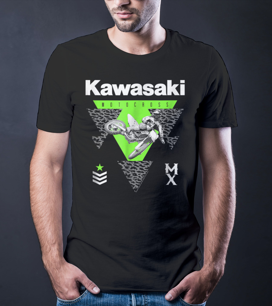 Kawasaki Motocross Classic Look 27272 MX Rider With Green Triangle And Chevron Star T-Shirt