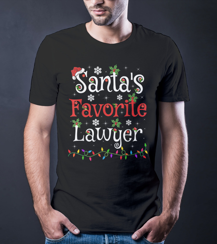 Santa's Favorite Lawyer Christmas Lights And Holly T-Shirt